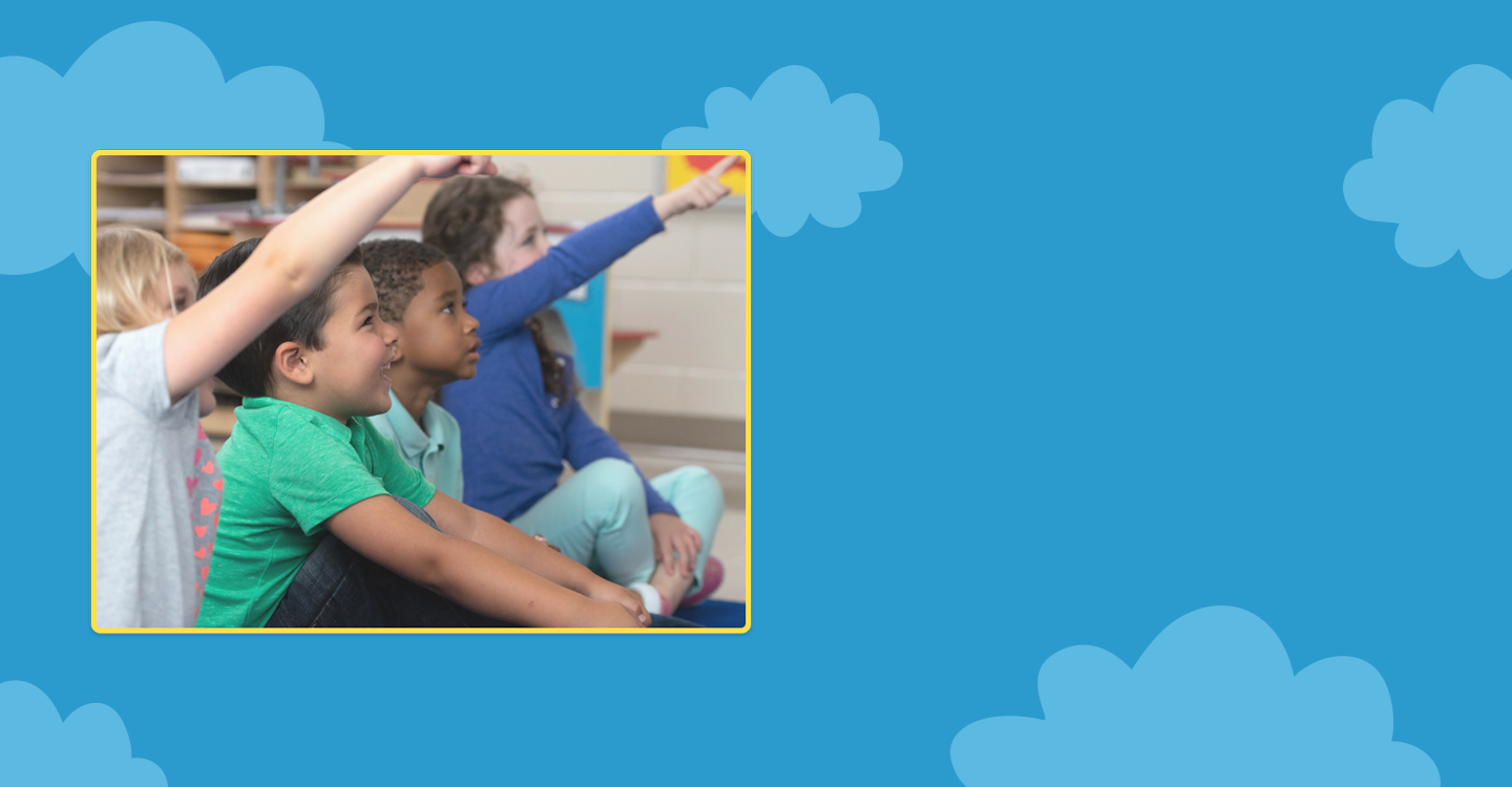 blue background with illustrated clouds and an image of students sitting on a classroom floor